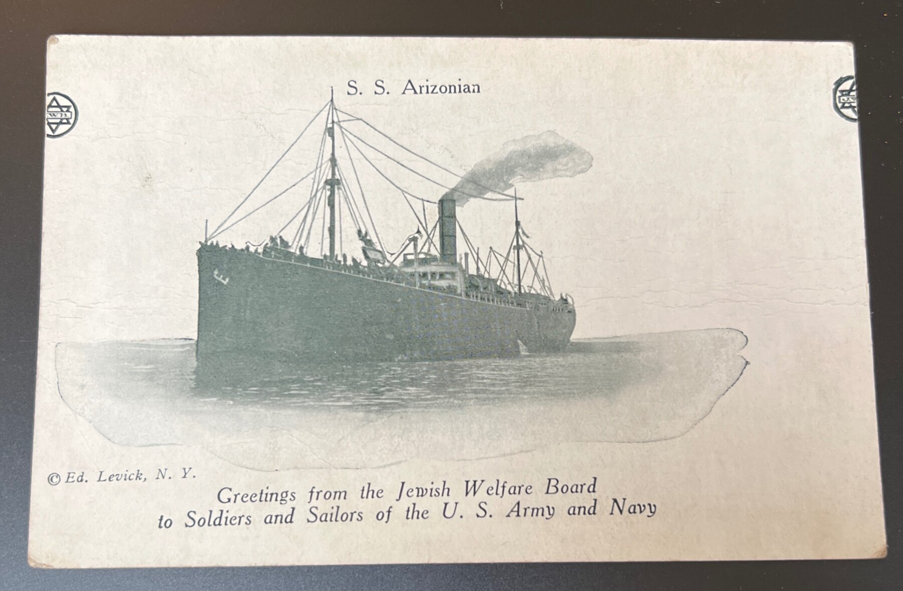 WWI SS Arizonian Jewish Welfare Board Troopship Postcard c1919