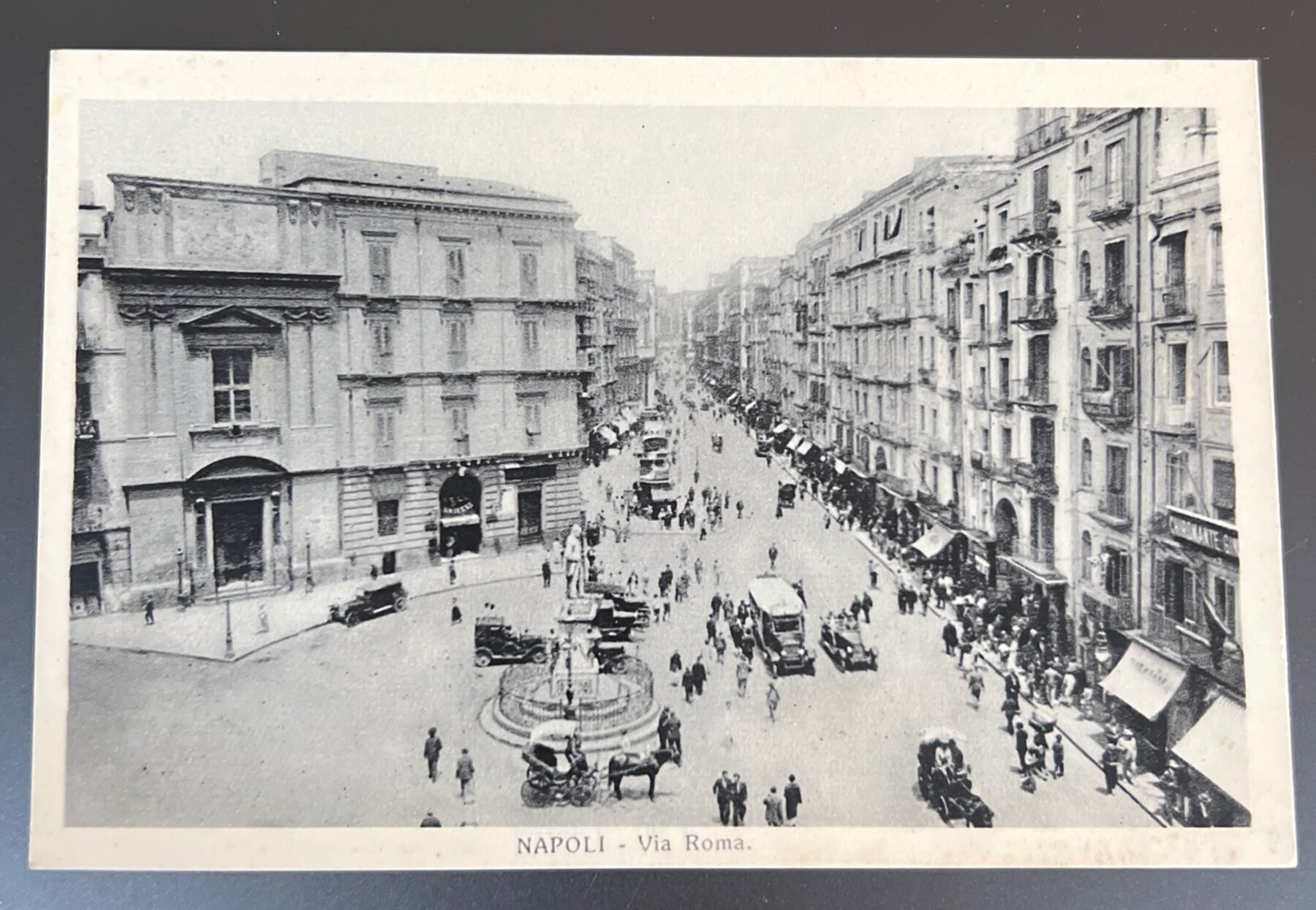 Postcard Naples Italy Via Roma Busy Street Autos Trams Fountain 1920s Unused