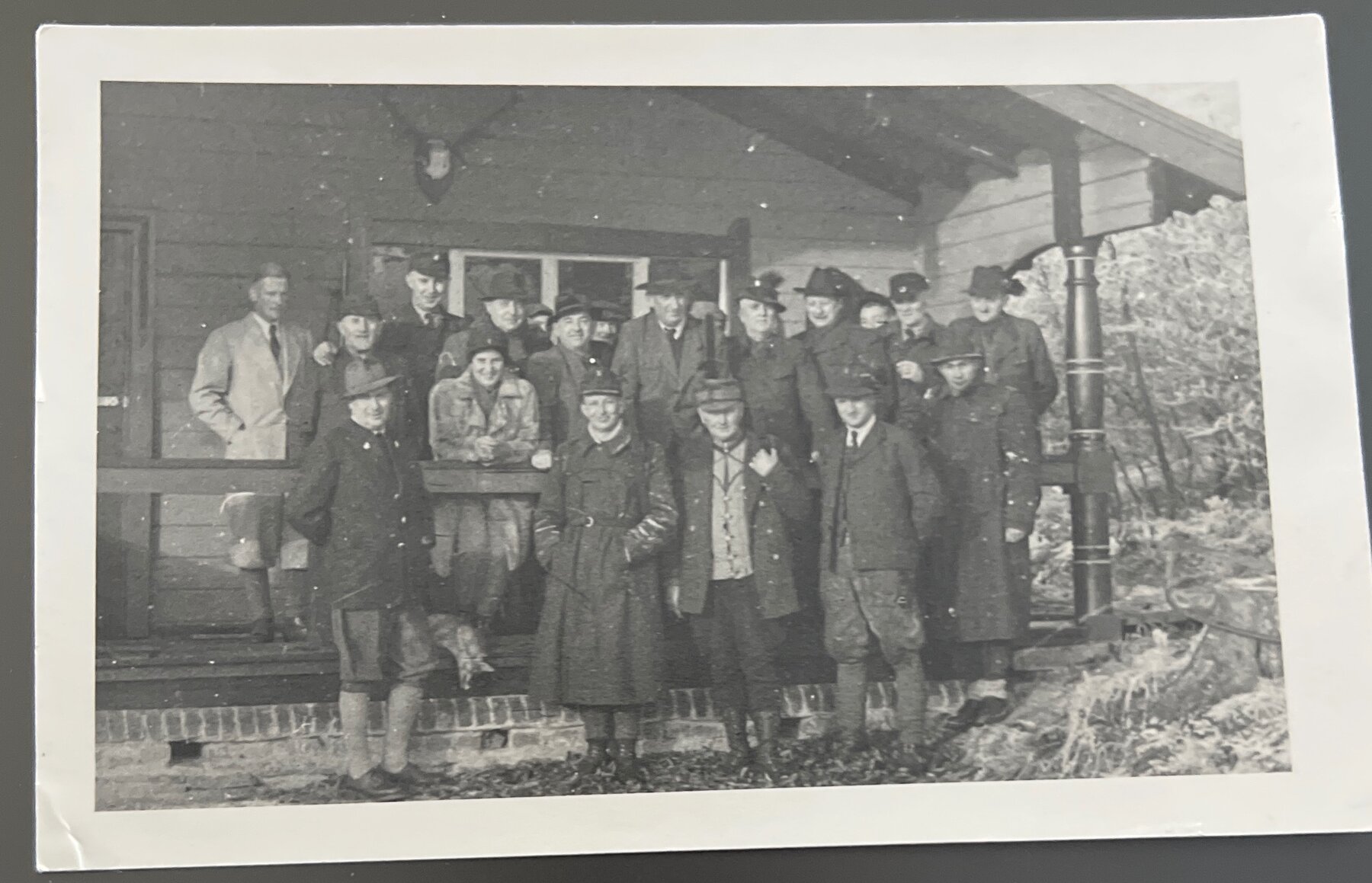 Postcard c1935 RPPC Group Photo Men Cabin Lodge Winter Europe Real Photo