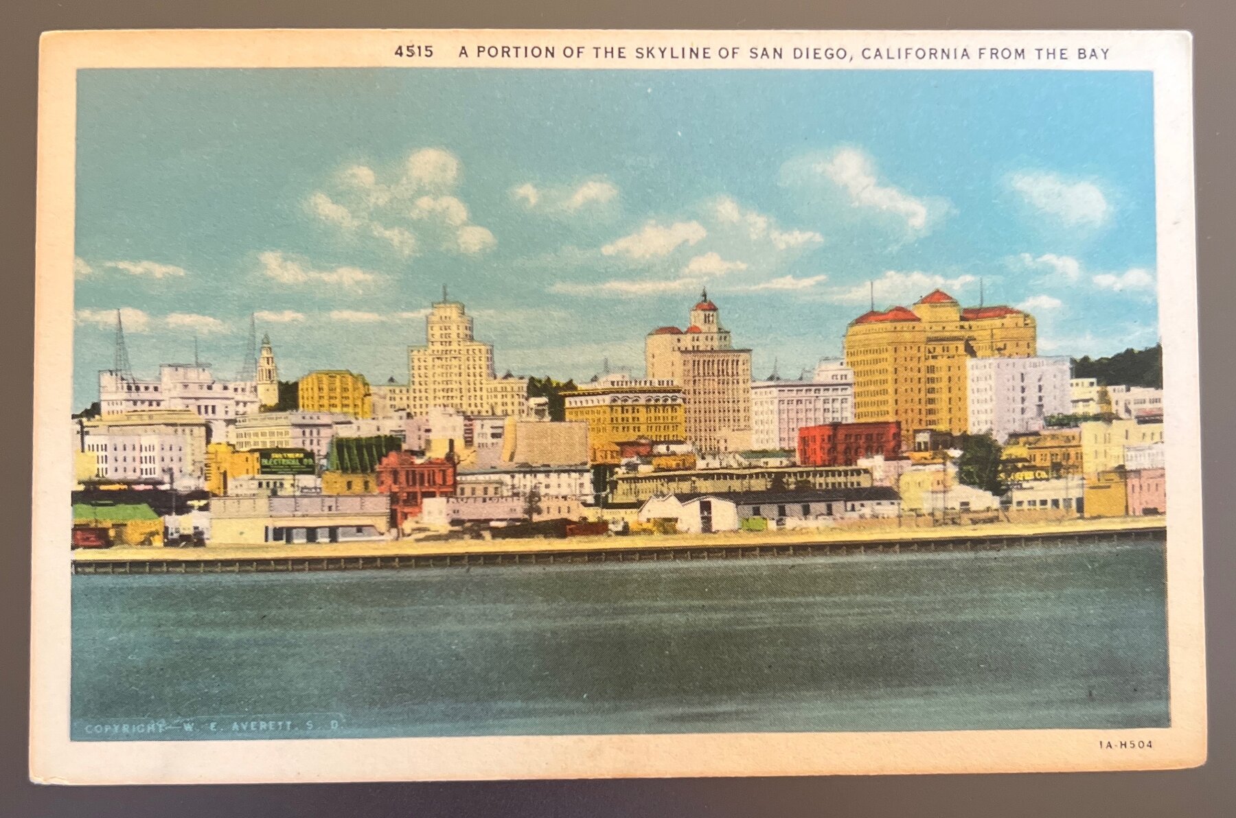Postcard 1930s Linen San Diego CA Skyline from the Bay W.E. Averett
