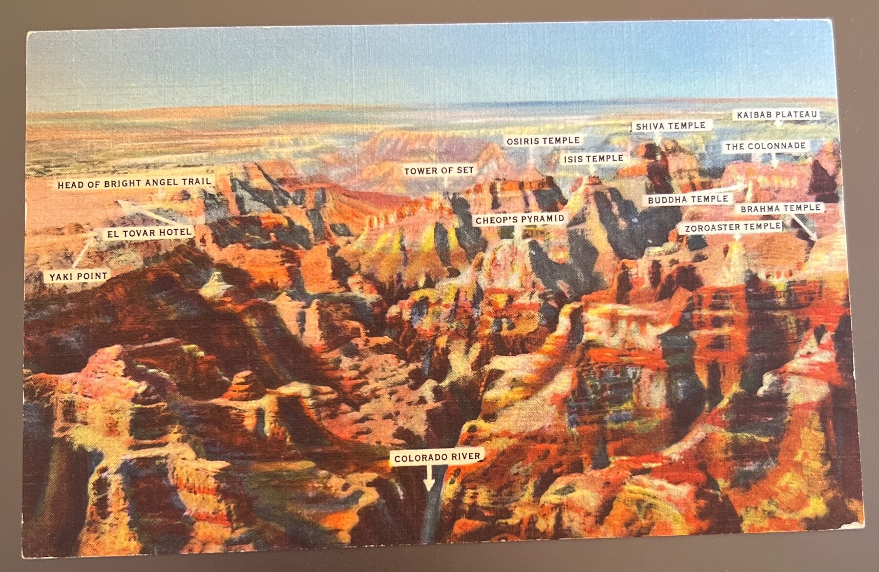 Postcard 1938 Linen Air View Grand Canyon AZ Named Peaks Curt Teich Used