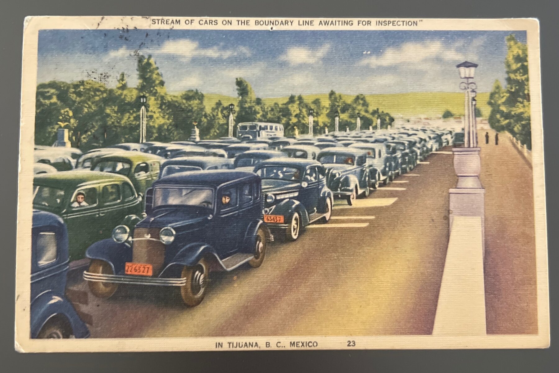 Linen Postcard 1940s Tijuana Mexico Border Cars Inspection Line Photo Mantel