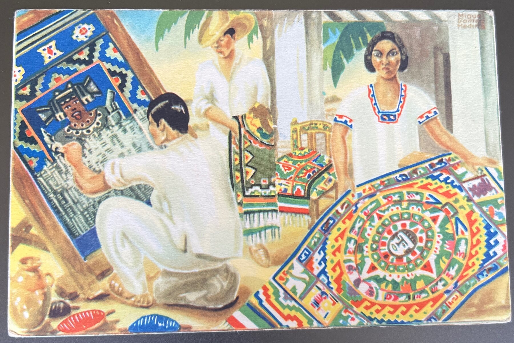 Postcard 1930s Mexico Textile Weavers Art Card Miguel Dominguez Medina Signed