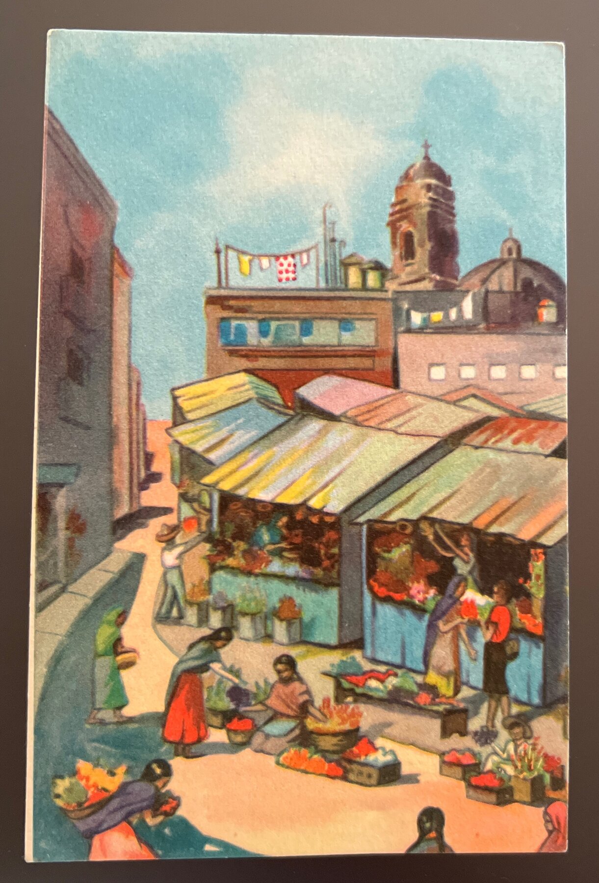 Postcard Linen Mexican Flower Market Mexico City 1940s Fischgrund Art