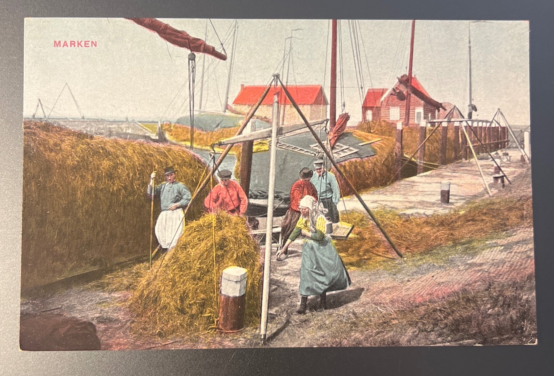 Postcard Marken Netherlands Fishermen Harbor Hay Boat c1905 Hand Color Dutch