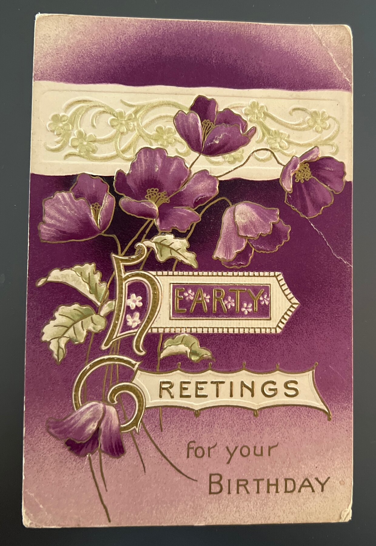Postcard 1910 Embossed Birthday Hearty Greetings Purple Poppies Davidson Bros