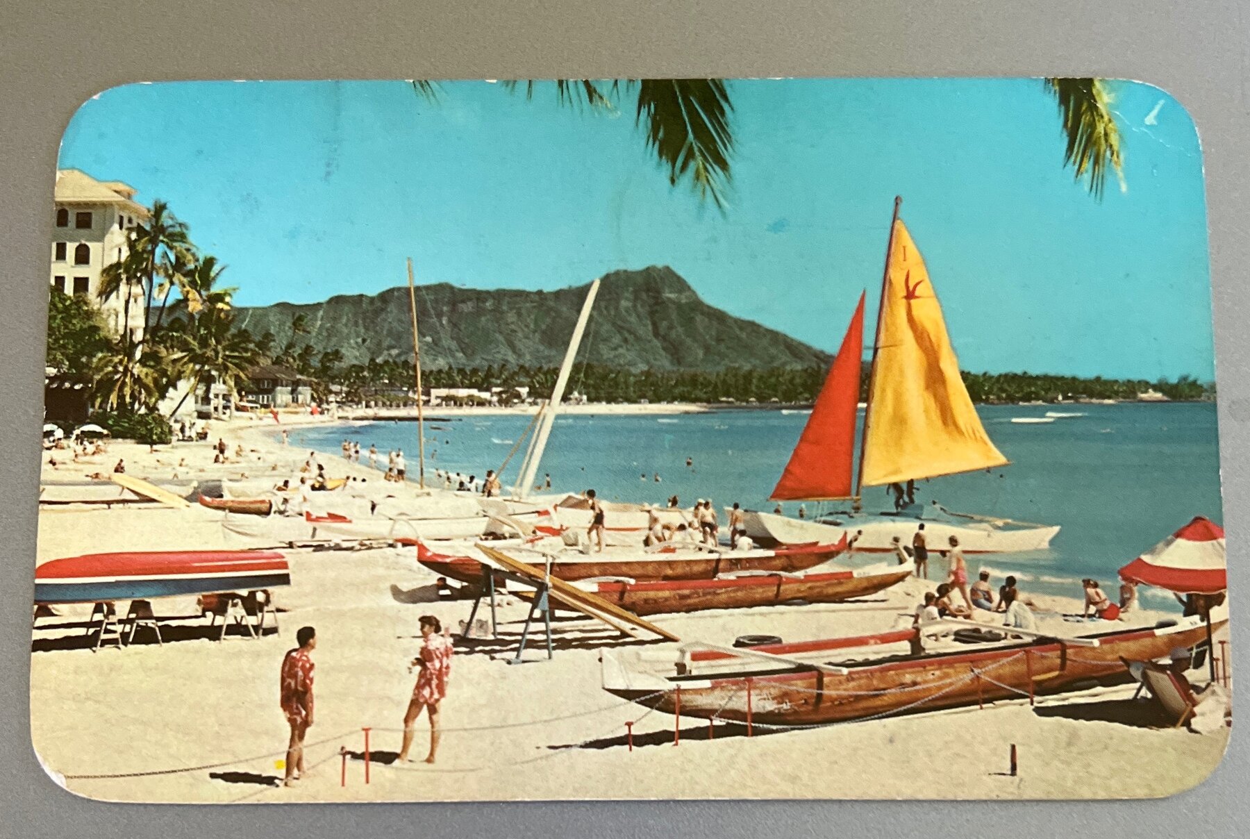 Postcard 1965 Waikiki Beach Honolulu Hawaii Chrome Outrigger Diamond Head