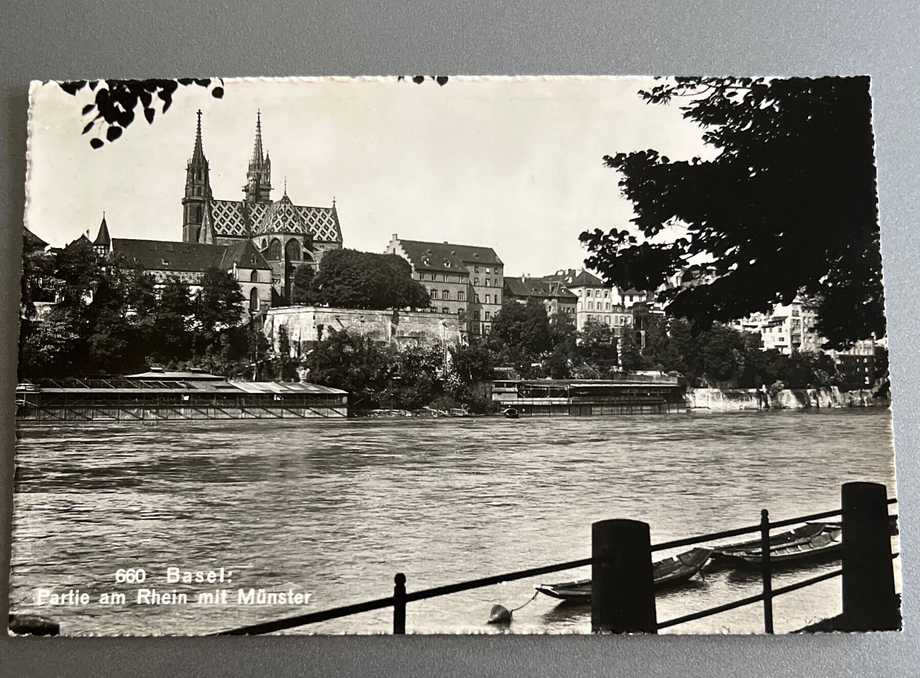Postcard 1940s Basel Switzerland Rhine River Münster Cathedral RPPC Censored