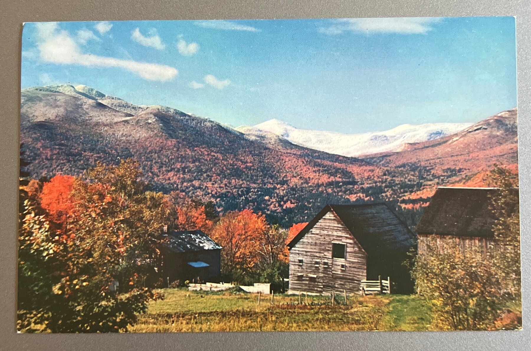 Postcard 1963 Chrome Mt Marcy Adirondacks Keene Valley NY Autumn Farm Linen