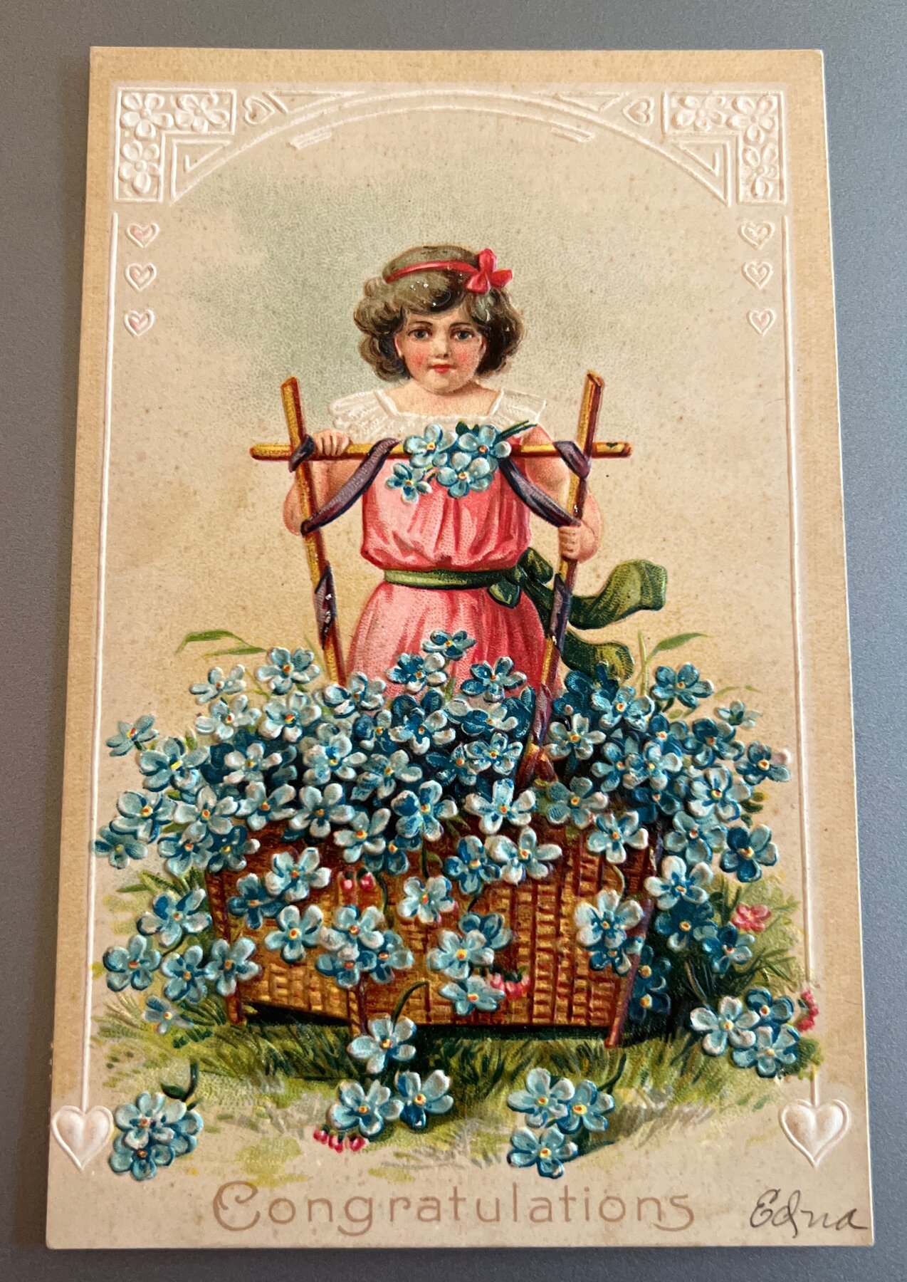 Postcard 1903 Embossed Congratulations Girl Forget-Me-Nots Germany Berlinville