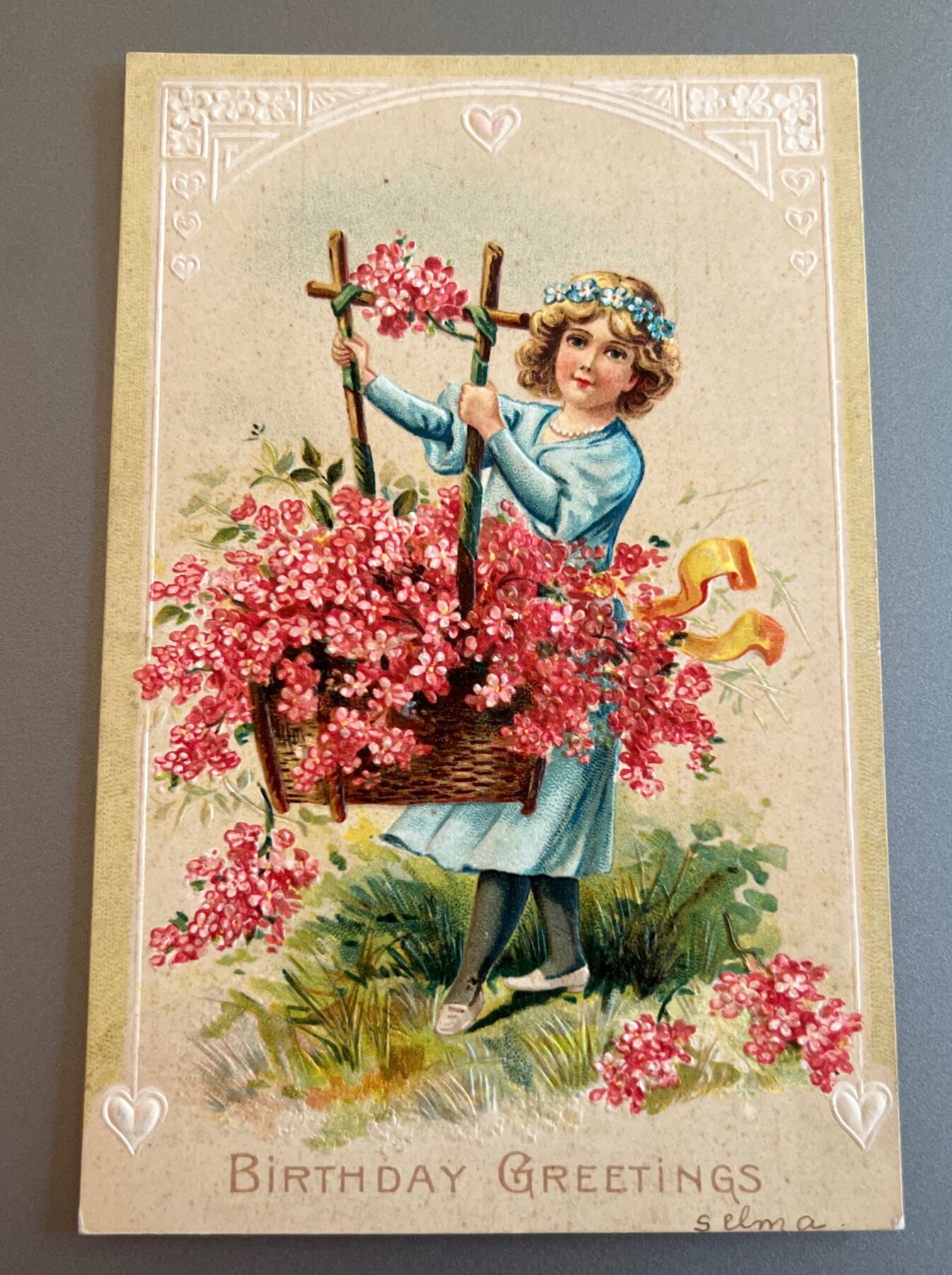 1906 Embossed Birthday Greetings Postcard Girl Flowers Carlinville IL Germany