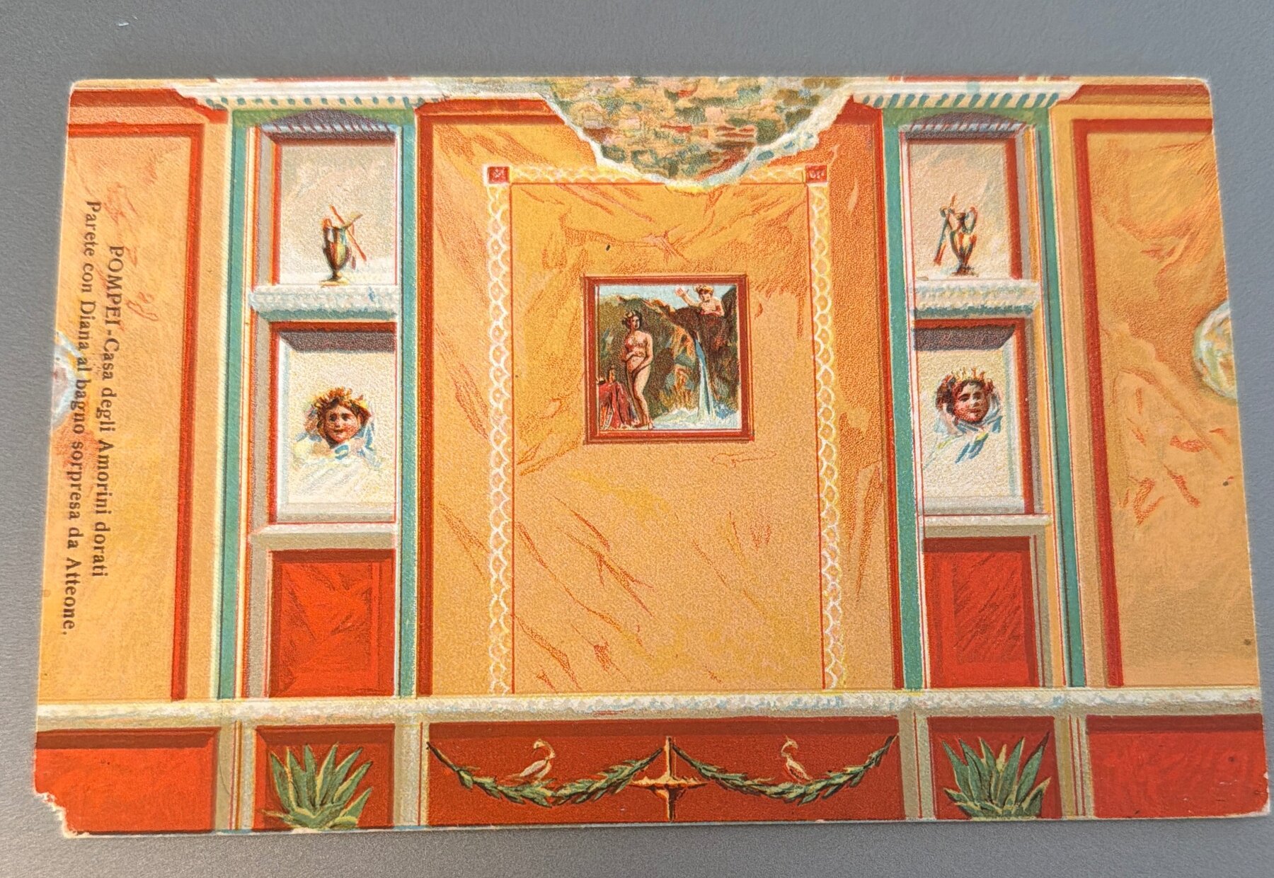 Postcard Pompeii Casa degli Amorini Dorati Wall Fresco Diana Embossed 1900s
