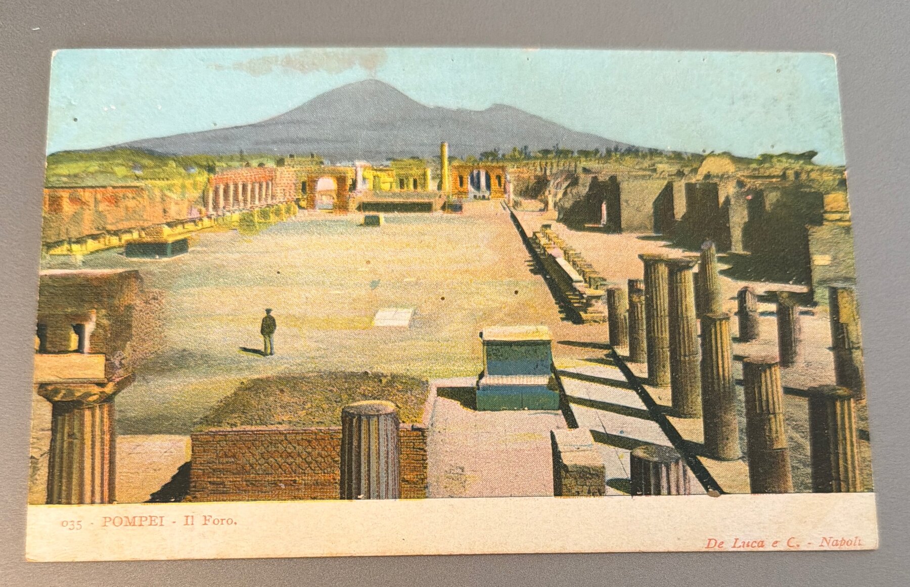 Postcard Pompeii Il Foro Forum Mt Vesuvius Color Italy c1900 De Luca