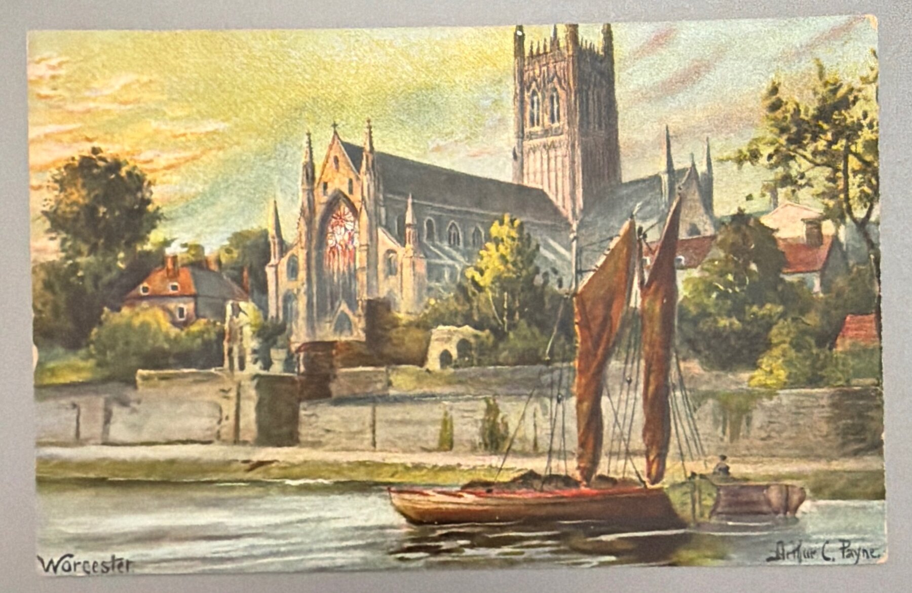 Postcard 1905 Worcester Cathedral River Severn Sailboat Arthur C Payne Art
