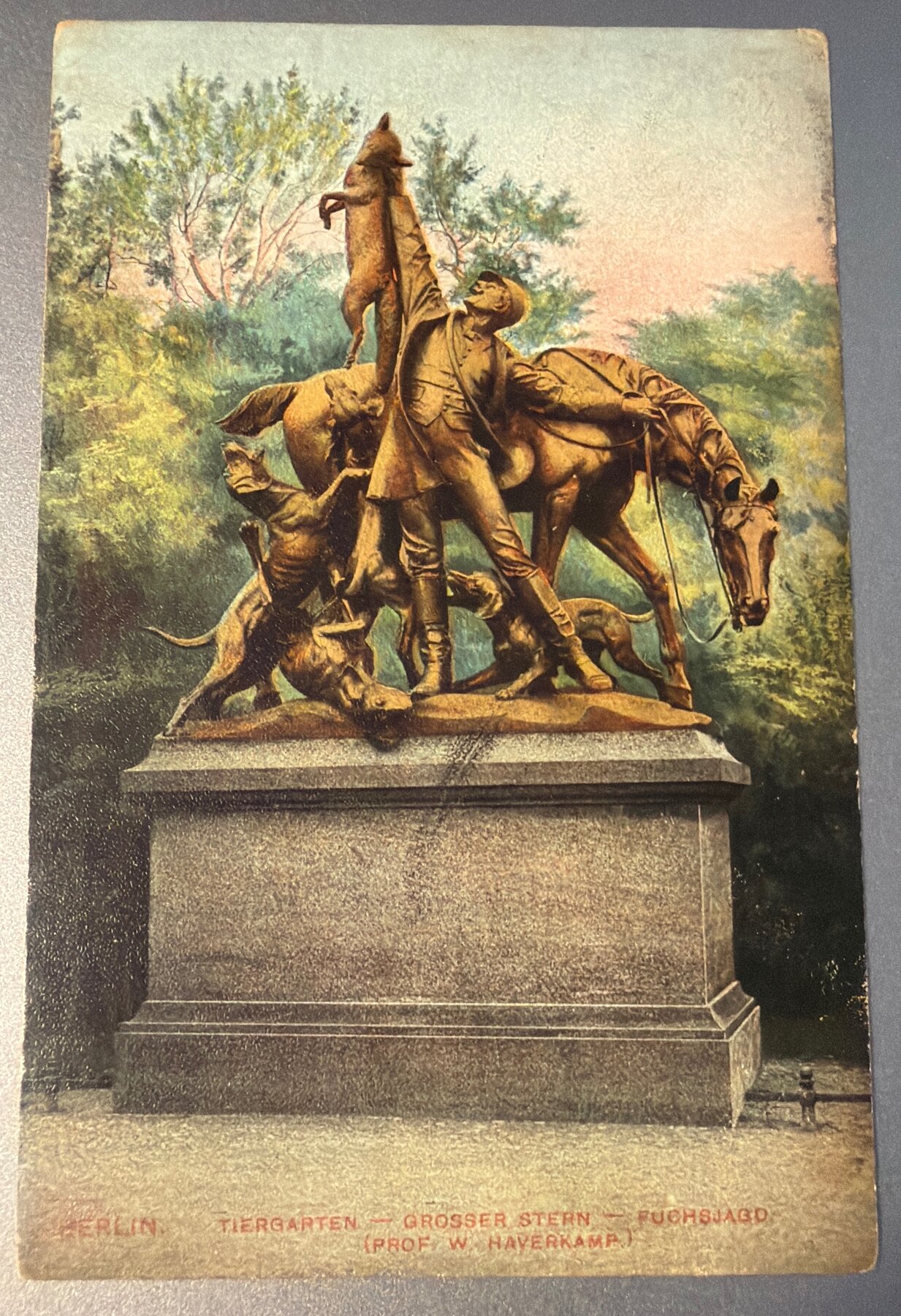 Postcard 1908 Berlin Tiergarten Fuchsjagd Fox Hunt Bronze Statue Haverkamp