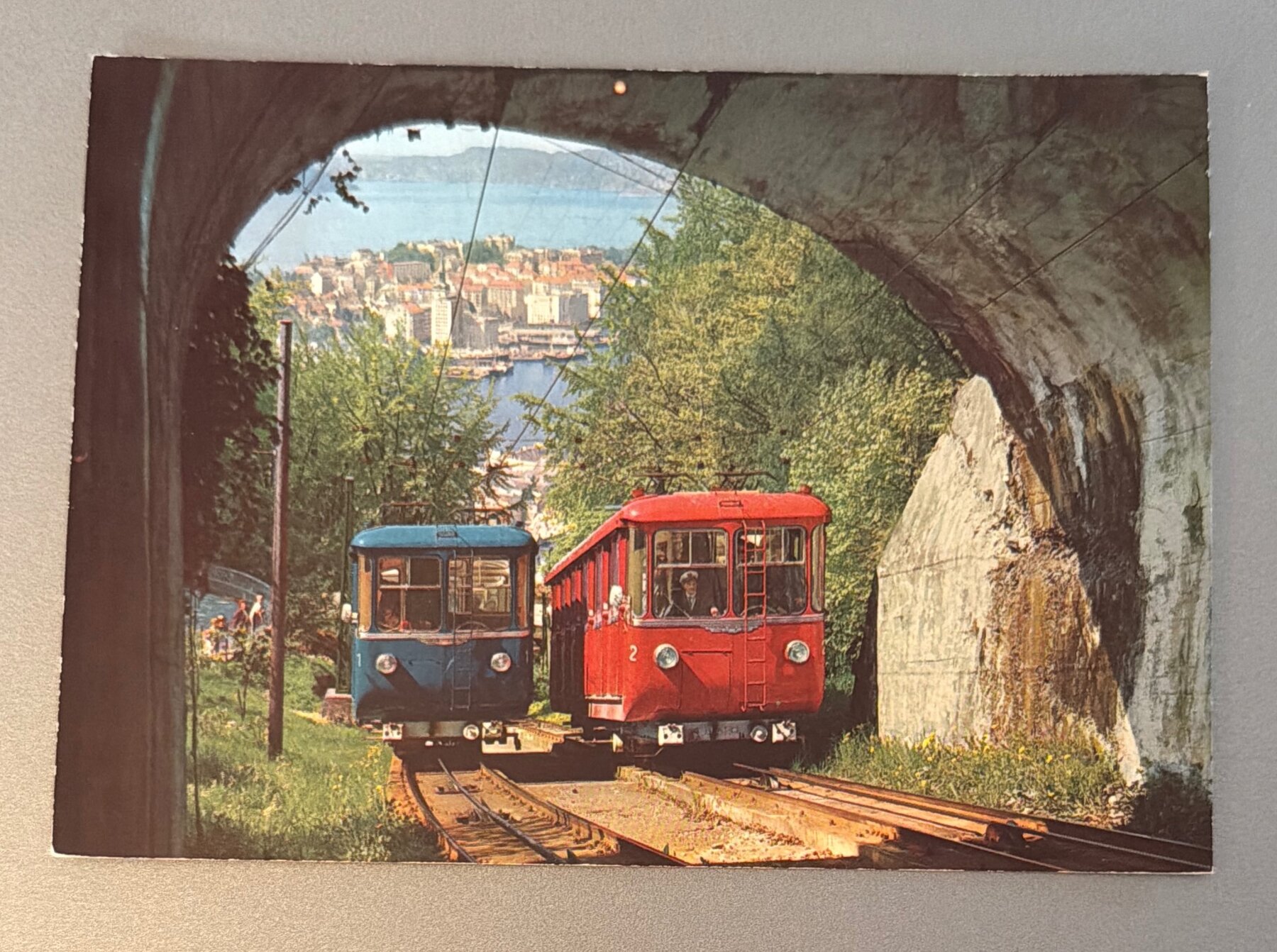 Postcard Bergen Norway Fløybanen Funicular Railway Chrome c1960s Blue Red Cars