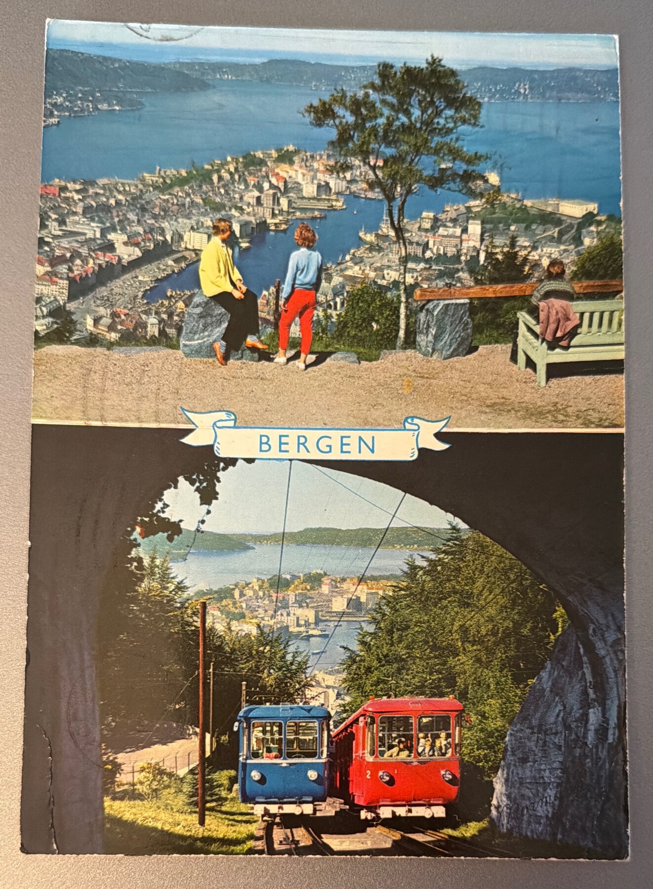 Postcard Bergen Norway Fløybanen Funicular & Panorama Chrome 1965 Used Air Mail